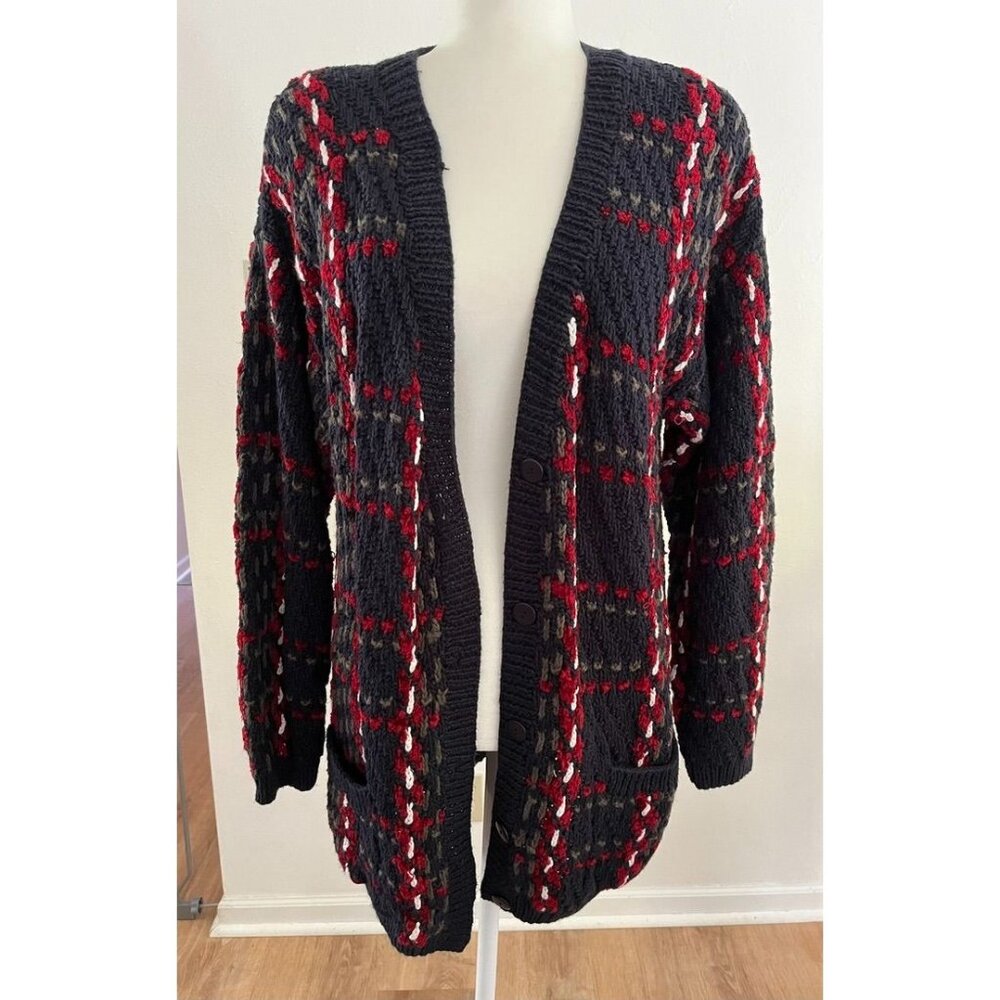 EUC Vintage Evan-Picone Knitted By Hand Plaid Cardigan Sweater Multicolor Acryli